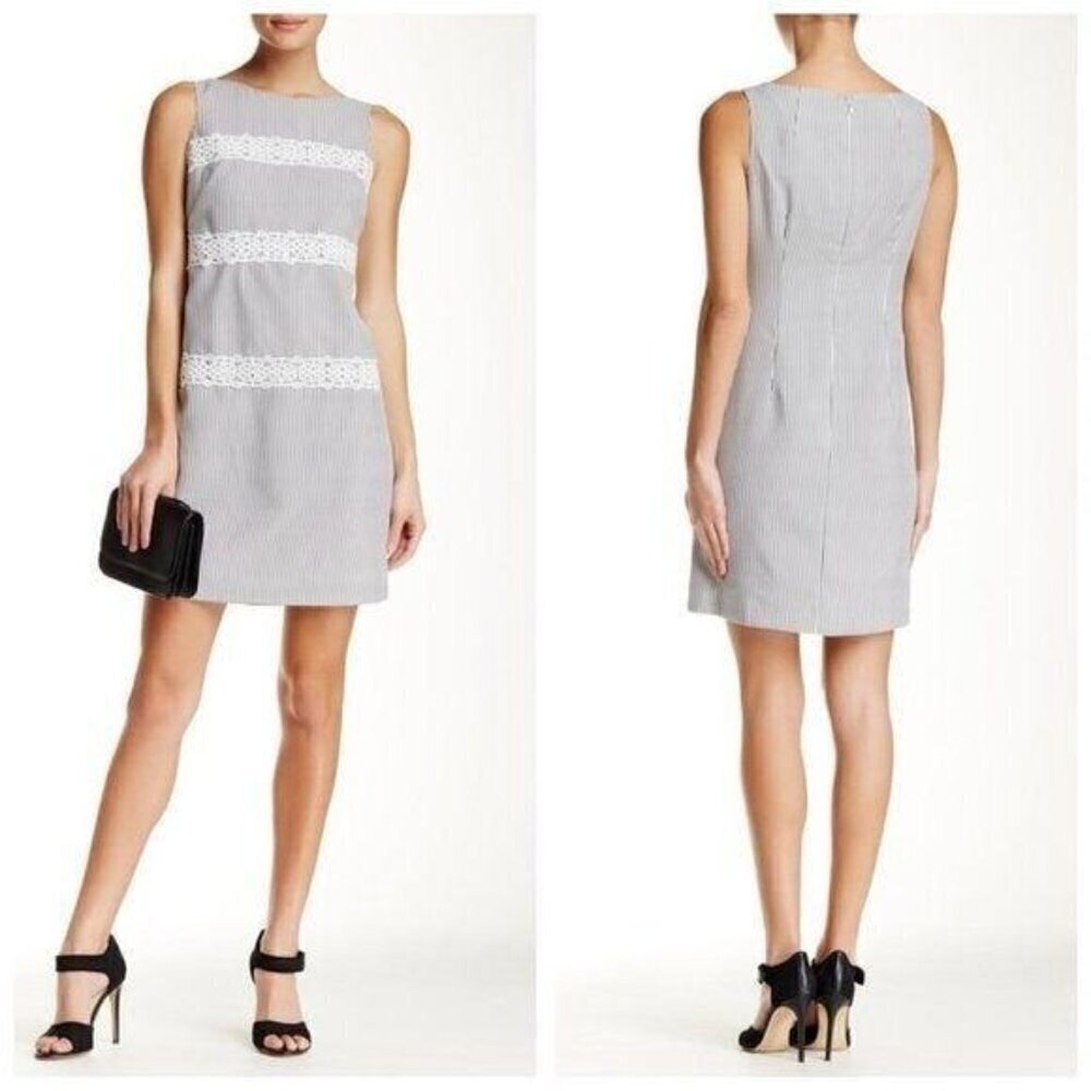 NWT Maggy London Striped Lace Trim Dress, size 10, Gray/white - Picture 2 of 12
